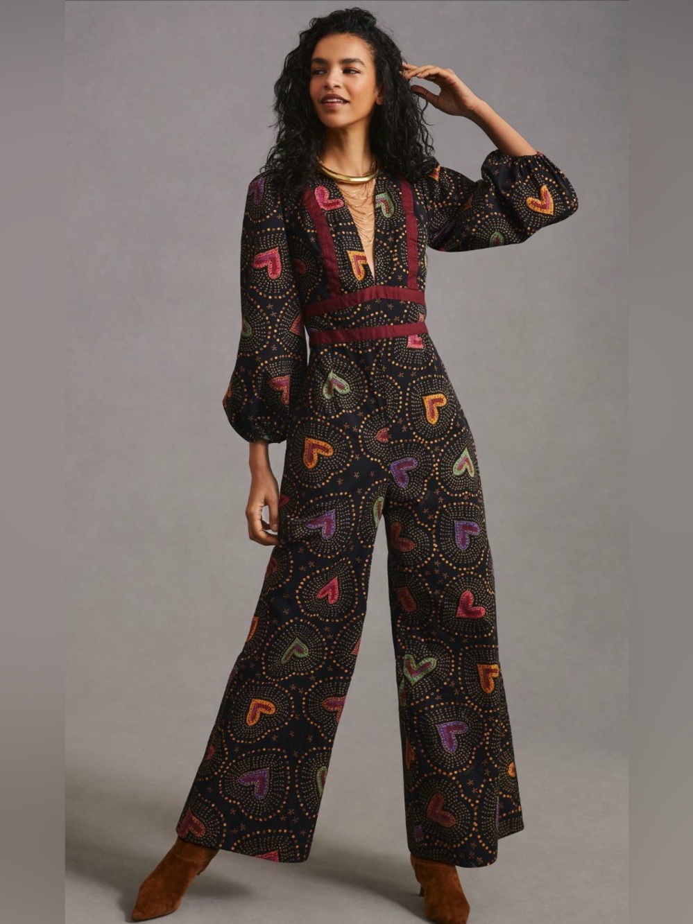 Farm Rio Anthropologie Black Jumpsuit Multicolor Heart Print and Burgundy Trim